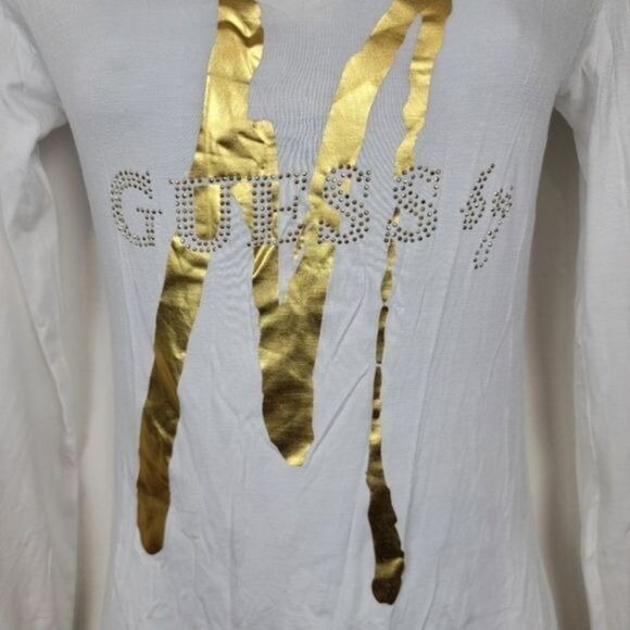 Guess by Marciano white gold vneck long sleeves shirt top size Medium - Picture 3 of 6